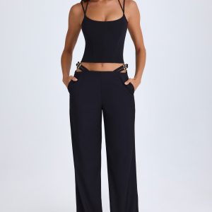 Belted Cut-Out Wide-Leg Trousers in Black
